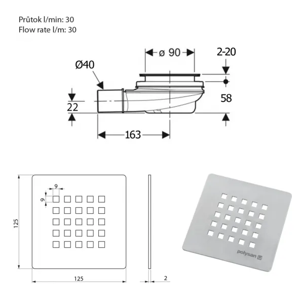TRENECA vaničkový sifón, priemer otvoru 90mm, DN40, krytka šedá mat 84999.31