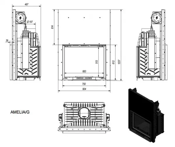 Kratki Amelia 21 kW výsuv - krbová vložka s výsuvnými dvierkami AMELIA/G