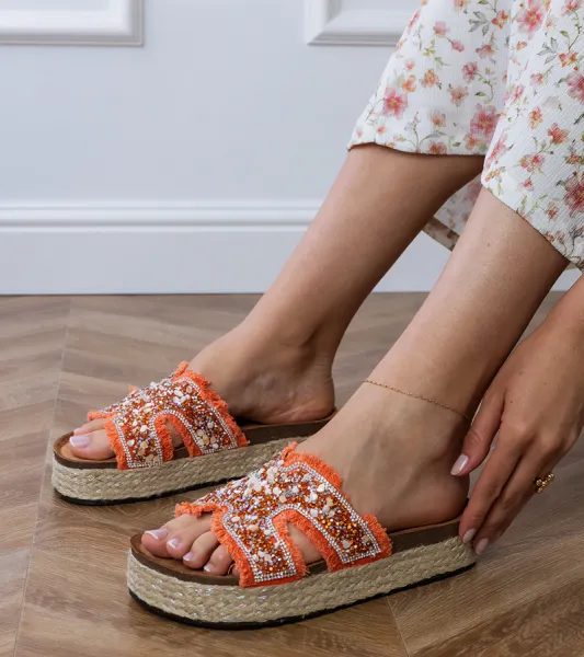 Gemre Oranžové espadrilky s kamienkami a zirkónmi Najros