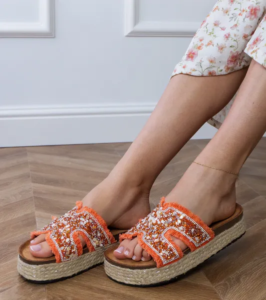 Gemre Oranžové espadrilky s kamienkami a zirkónmi Najros