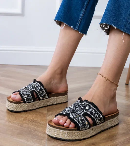 Gemre Čierne espadrilky s kamienkami a kamienkami Najros
