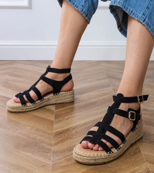 Gemre Čierne sandále espadrilky na nízkej platforme Amur