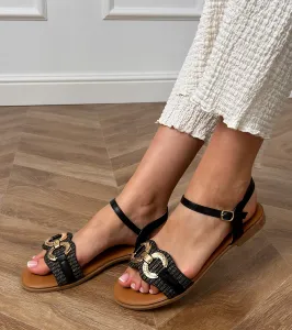 Gemre Čierne ploché sandále so zlatou ozdobou Melona