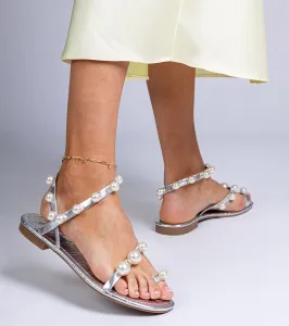 Gemre Strieborné dámske sandále zdobené perličkami Sarino