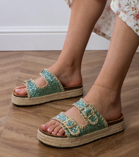 Gemre Zelené brokátové espadrilky s prackami Induri