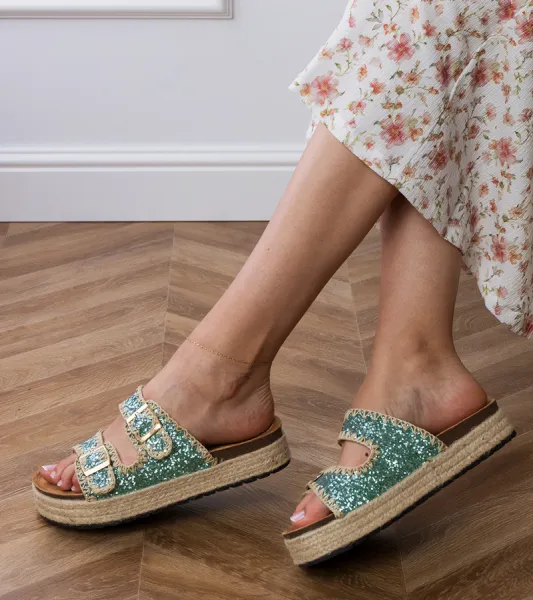 Gemre Zelené brokátové espadrilky s prackami Induri