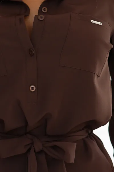 284-5 CAMILLE Shirt dress with pockets and ties - chocolate