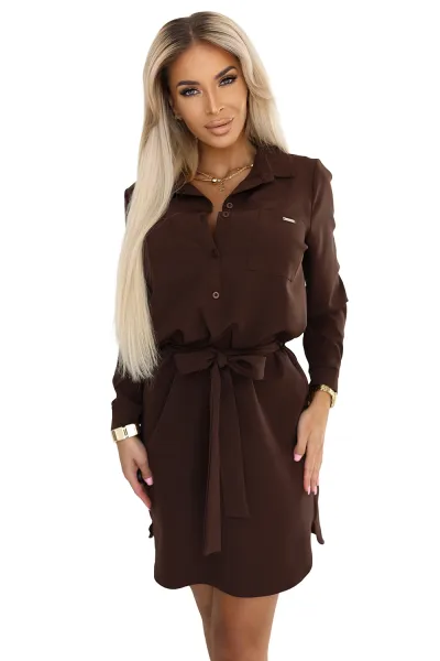 284-5 CAMILLE Shirt dress with pockets and ties - chocolate