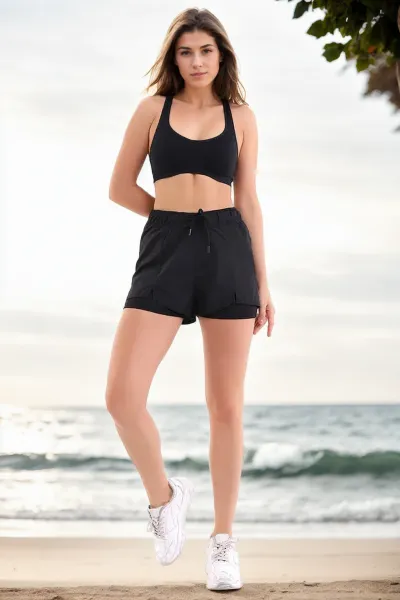 85389 Dewberry Womens Swim Shorts with Inner Tights-BLACK