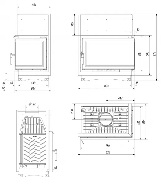 Kratki OLIWIA 16 BS DECO pravé presklenie - krbová vložka rohová OLIWIA/P/BS/G