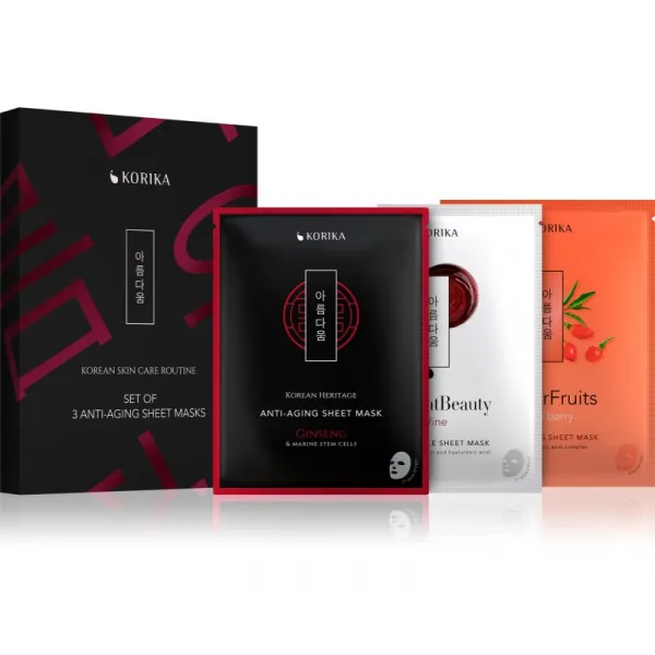 KORIKA KOREAN SKIN CARE ROUTINE SET OF 3 ANTI-AGING SHEET MASKS sada proti vráskam