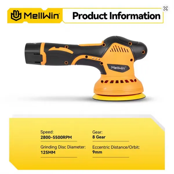 OneVan / MELLWIN 125 mm akumulátorová leštička na auto 12V, 8 rýchlostí, digitálny displej, elektrická leštička 125mm