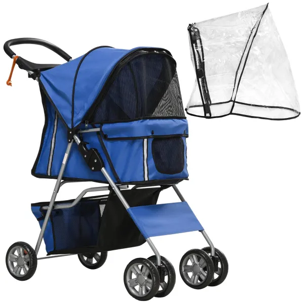 PawHut Kočárek pro psy do 10 kg a 35 cm s pláštěnkou, modrý