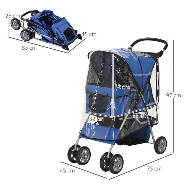 PawHut Kočárek pro psy do 10 kg a 35 cm s pláštěnkou, modrý