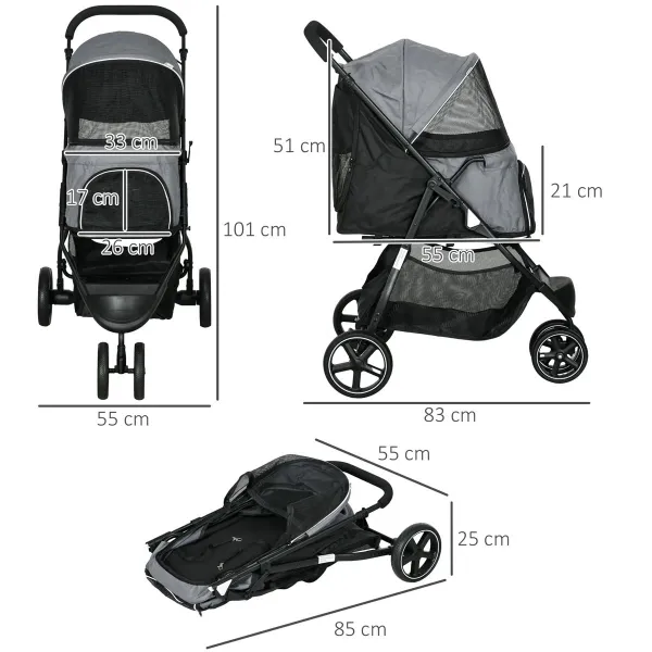 Kočárek pro psy PawHut Buggy s pláštěnkou, do 10 kg, šedočerný