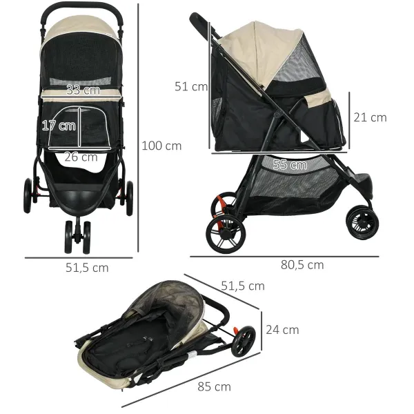PawHut Kočárek pro psy do 10 kg a 35 cm s pláštěnkou, béžovočerný