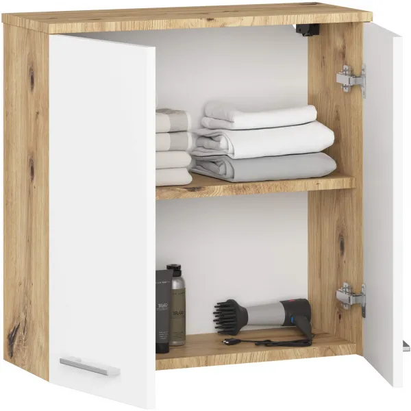 Ak furniture Závěsná koupelnová skříňka Fin 60 cm dub artisan/bílá