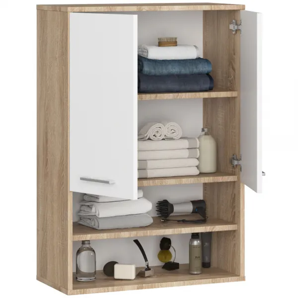 Ak furniture Závěsná koupelnová skříňka Fin W64 2D 64 cm bílá/dub sonoma