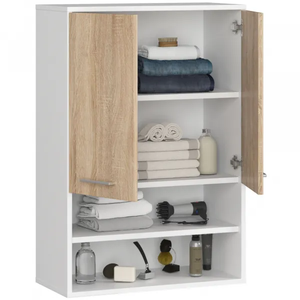 Ak furniture Závěsná koupelnová skříňka Fin W64 2D 64 cm bílá/dub sonoma