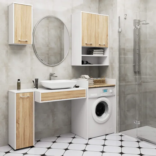 Ak furniture Závěsná koupelnová skříňka Fin W64 2D 64 cm bílá/dub sonoma