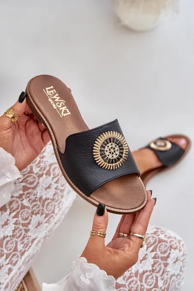 Lewski Shoes Kožené Šľapky S Dekoráciou Na Plochom Opätku Zazoo