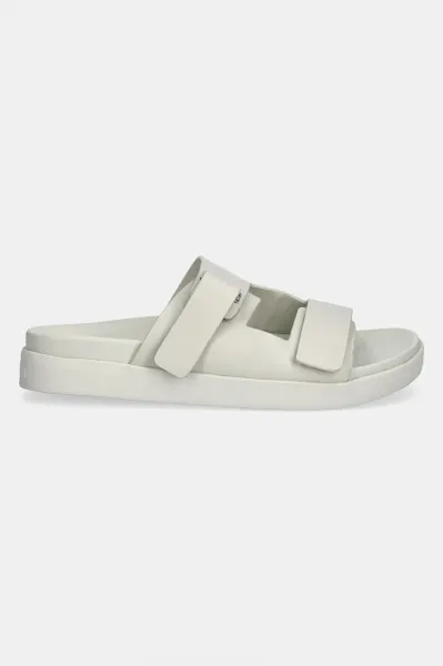Kožené šľapky Calvin Klein FLAT ADJ SLIDE EYELET