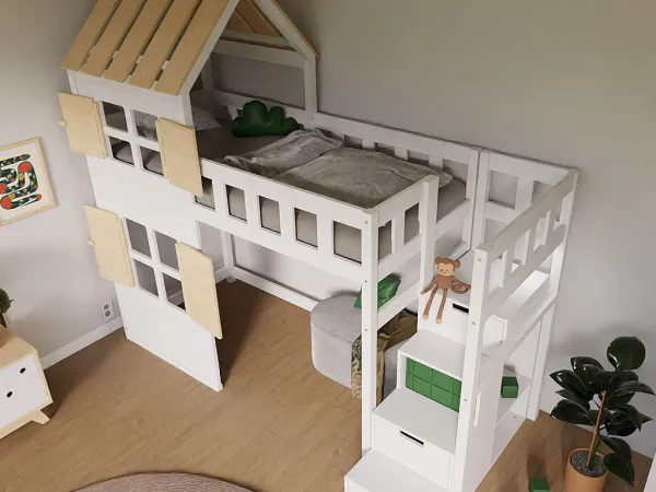 Benlemi Zvýšená posteľ CHALÚPKA s polovičnou strechou a úložnými schodmi 90x200 cm Zvoľte farbu: Nelakovaná, Zvoľte stranu: Vľavo