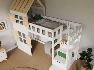 Benlemi Zvýšená posteľ CHALÚPKA s polovičnou strechou a úložnými schodmi 90x200 cm Zvoľte farbu: Nelakovaná, Zvoľte stranu: Vľavo