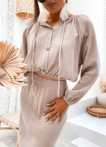 Factory Letný mušelínový komplet – blúzka s dlhým rukávom a maxi sukňa s rázporkom – béžový Farba: Bežová, Veľkosť: S/M