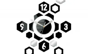 ModernClock 3D nalepovacie hodiny Hexagon čierno-zrkadlové