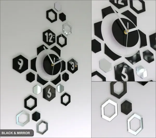 ModernClock 3D nalepovacie hodiny Hexagon čierno-zrkadlové