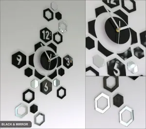 ModernClock 3D nalepovacie hodiny Hexagon čierno-zrkadlové