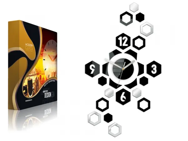 ModernClock 3D nalepovacie hodiny Hexagon čierno-zrkadlové