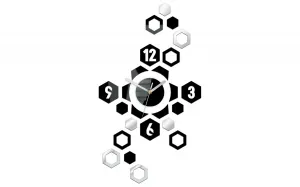 ModernClock 3D nalepovacie hodiny Hexagon čierno-zrkadlové