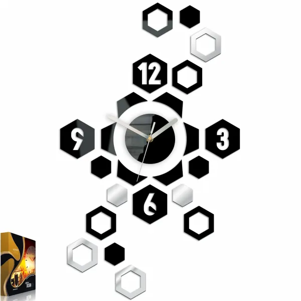 ModernClock 3D nalepovacie hodiny Hexagon čierno-zrkadlové