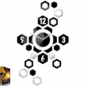 ModernClock 3D nalepovacie hodiny Hexagon čierno-zrkadlové