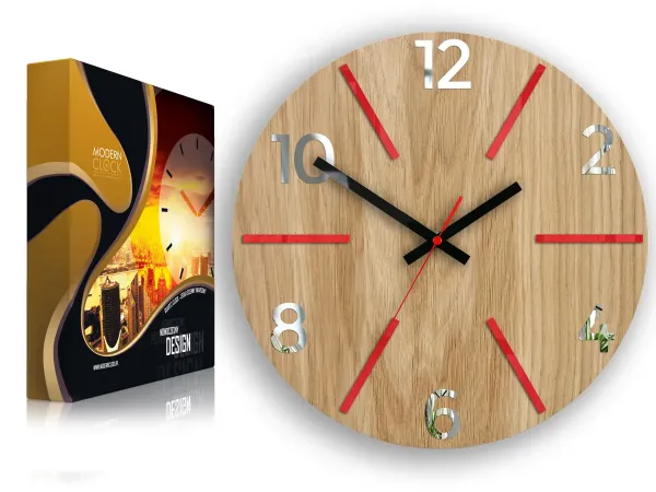 ModernClock Nástenné hodiny Aksel Wood červeno-zrkadlové