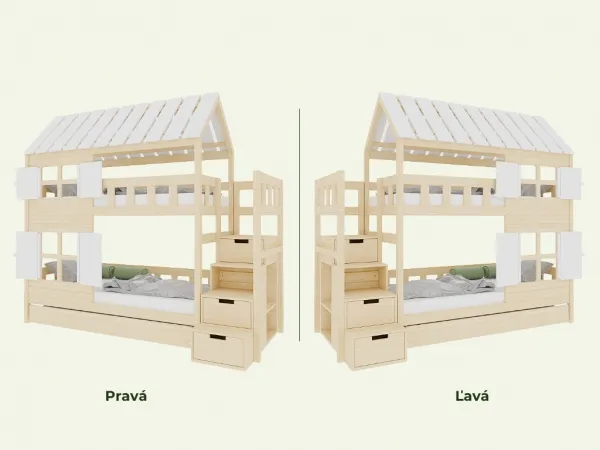 Benlemi Domčeková poschodová posteľ CHALÚPKA s úložnými schodmi 90x200 cm Zvoľte farbu: Biela s transparentne lakovanými prvkami, Zvoľte šuplík: Prís…