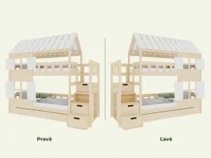 Benlemi Domčeková poschodová posteľ CHALÚPKA s úložnými schodmi 90x200 cm Zvoľte farbu: Biela s transparentne lakovanými prvkami, Zvoľte šuplík: Prís…