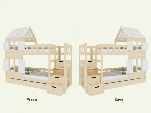 Benlemi Poschodová posteľ CHALÚPKA s polovičnou strechou a úložnými schodmi 90x200 cm Zvoľte farbu: Biela s transparentne lakovanými prvkami, Zvoľte …