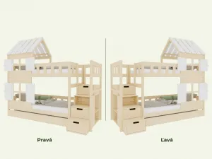 Benlemi Poschodová posteľ CHALÚPKA s polovičnou strechou a úložnými schodmi 90x200 cm Zvoľte farbu: Biela s transparentne lakovanými prvkami, Zvoľte …