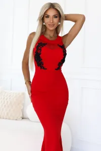 617-3 Long mermaid dress with black lace and mesh - red