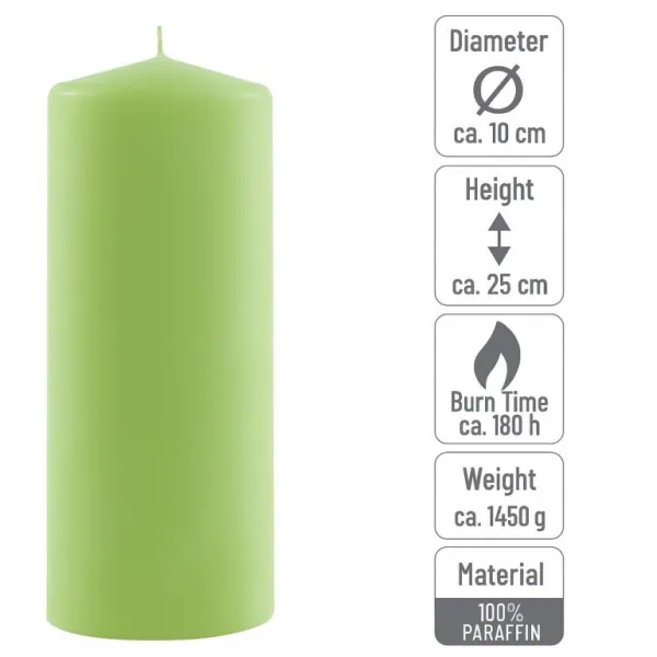 Sada stĺpových sviečok, 25 cm, Ø10 cm, svetlozelená, 2 ks