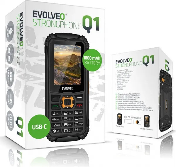 EVOLVEO StrongPhone Q1, vodotěsný odolný Dual SIM telefon, černo-oranžový