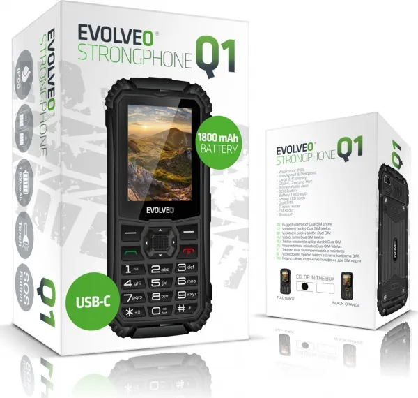 EVOLVEO StrongPhone Q1, vodotěsný odolný Dual SIM telefon, černý