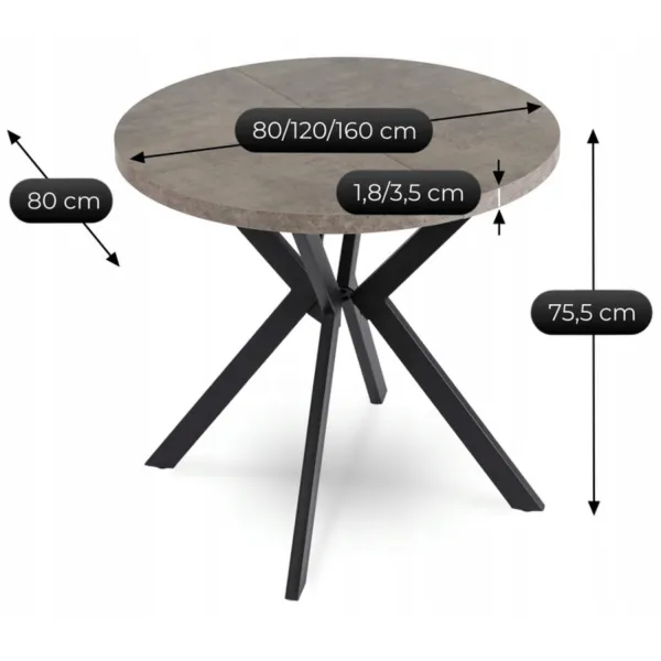 JAKS Okrúhly rozkladací stôl 80 - 160 cm betón čierny Dorian