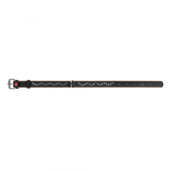 Plochý kožený obojok Soft čierno béžový vybíjaný, Obvod krku: dĺžka: 38 - 49 cm, širka: 25 mm