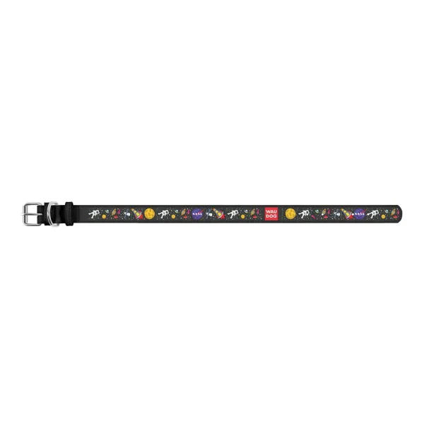 Kožený obojok so vzorom NASA čierny, Obvod krku: 21-29 cm, širka: 12 mm