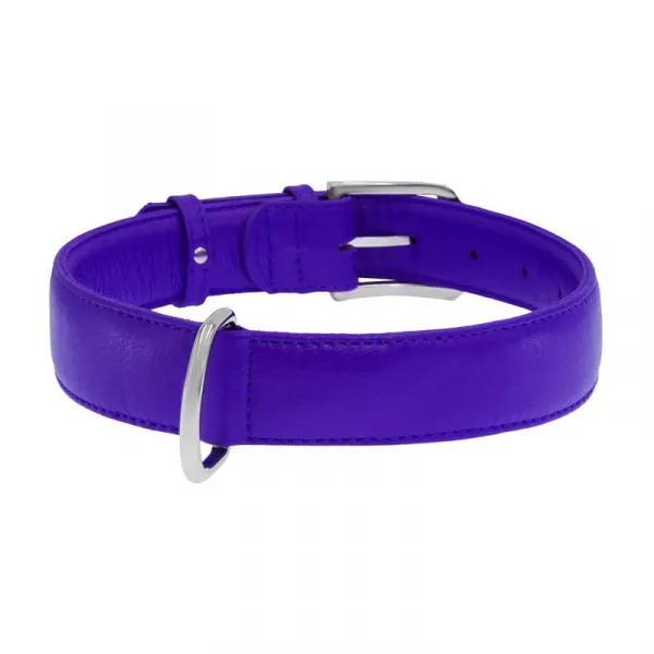Plochý kožený obojok fialovej farby, Obvod krku: 27-36 cm, širka: 15 mm