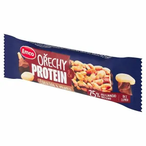 Emco Arašidová tyčinka so sójovým proteínom, čokoládou a mandľami polomáčaná v horkej čokoláde 40 g